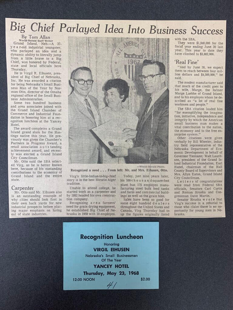Newspaper clipping and luncheon card honoring Virgil Eihusen, founder of Chief, as Nebraska’s Small Businessman of the Year in 1968 by the SBA’s Omaha regional office.